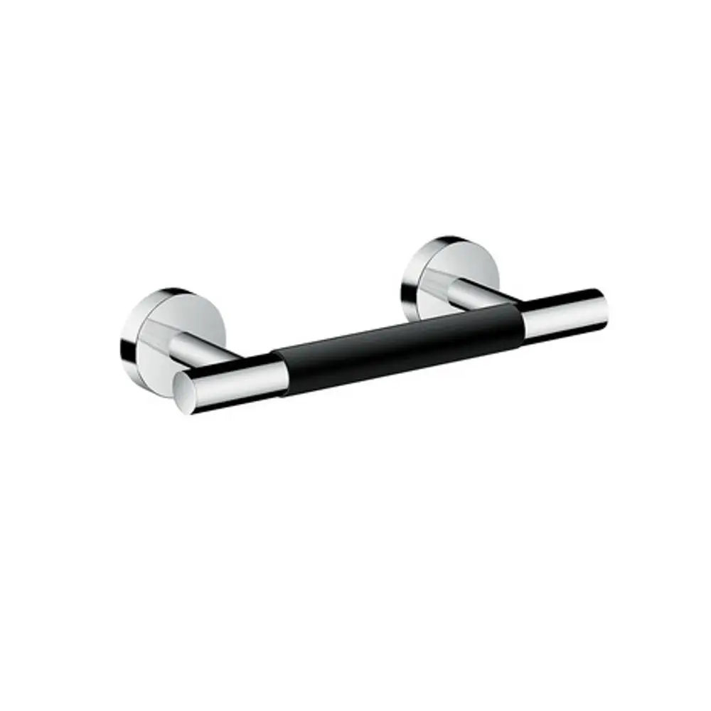 Halterung mit zwei runden Wänden aus Chrom und einer schwarzen Griffoberfläche. Hansgrohe Design, geeignet für Badezimmeranwendungen.